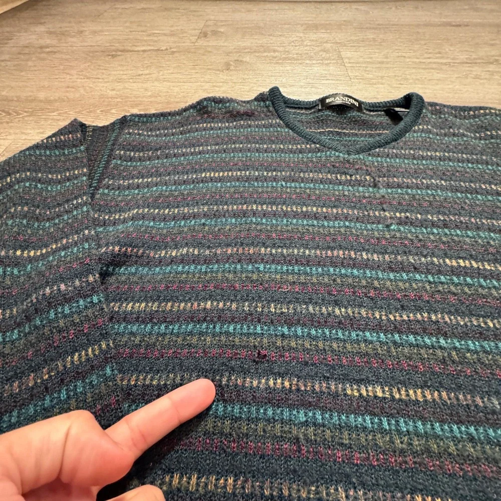 Brandini Sweater Mens XL Striped Wool Blend Made in Italy V Neck Retro Knit VTG